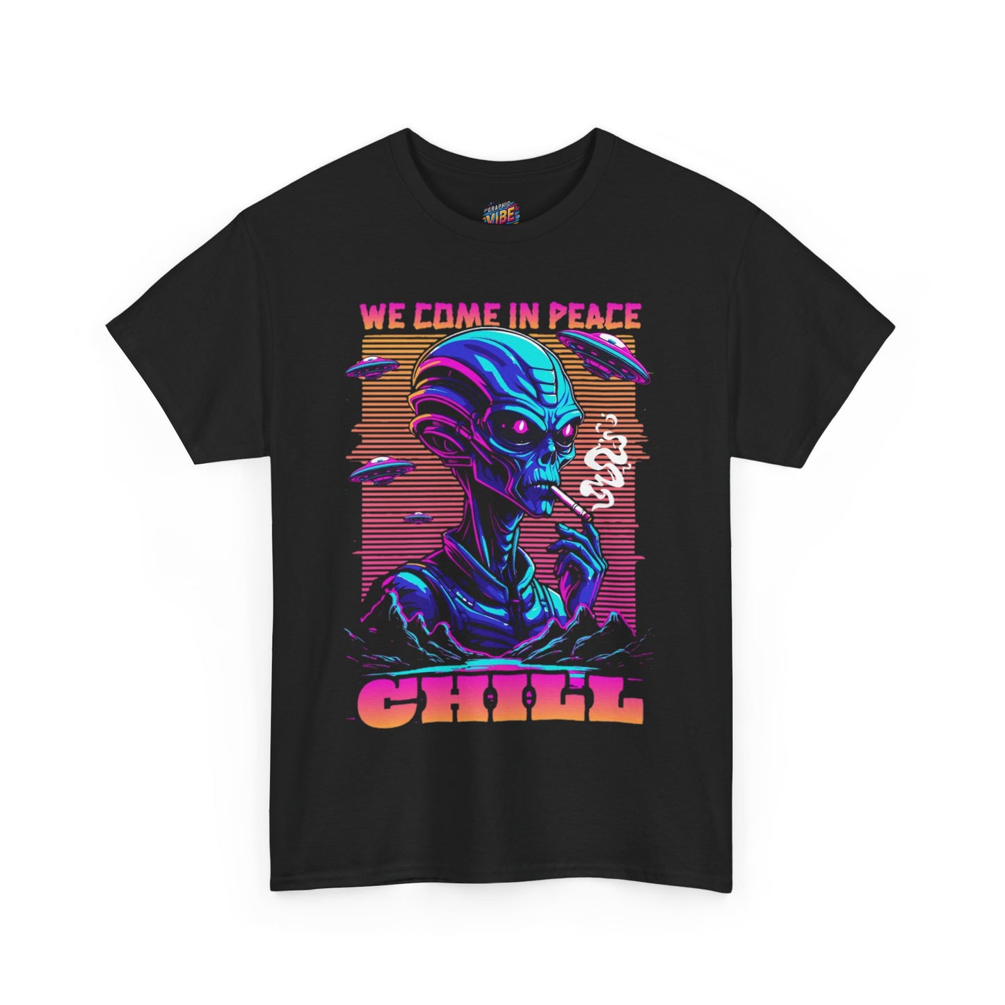 We Come in Peace Chill Alien Tee - Unisex Heavy Cotton T-Shirt for Sci-Fi Lovers, Comic Fans, and Casual Wear, Gifts, Halloween, Parties