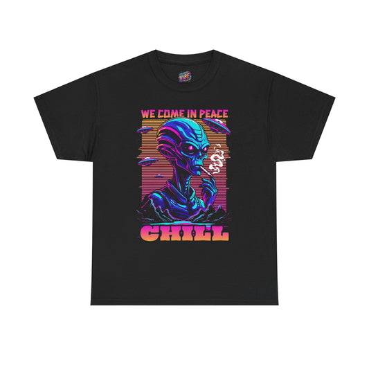 We Come in Peace Chill Alien Tee - Unisex Heavy Cotton T-Shirt for Sci-Fi Lovers, Comic Fans, and Casual Wear, Gifts, Halloween, Parties